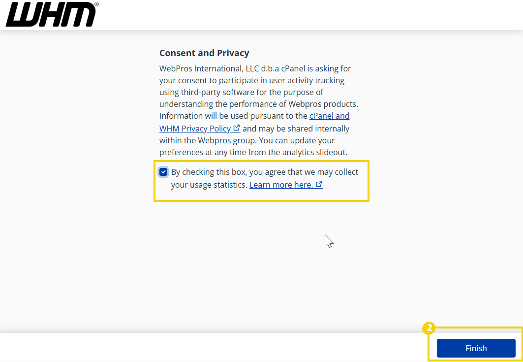 Pantalla de consentimiento de privacidad y uso de datos de WebPros para monitorizar el rendimiento de los productos de WebPros, con la opción de aceptar la recopilación de datos.