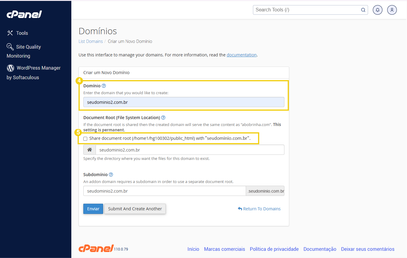 Imagem da interface do painel de gerenciamento de domínios do cPanel, mostrando o processo de configuração de um novo domínio, incluindo a opção de compartilhar o diretório raiz.