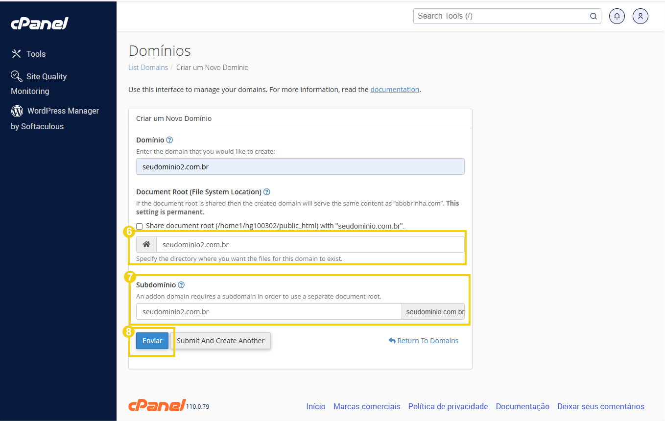 Imagem de uma tela de gerenciamento de domínios no cPanel, mostrando opções para criar novo domínio e configuração de diretórios.