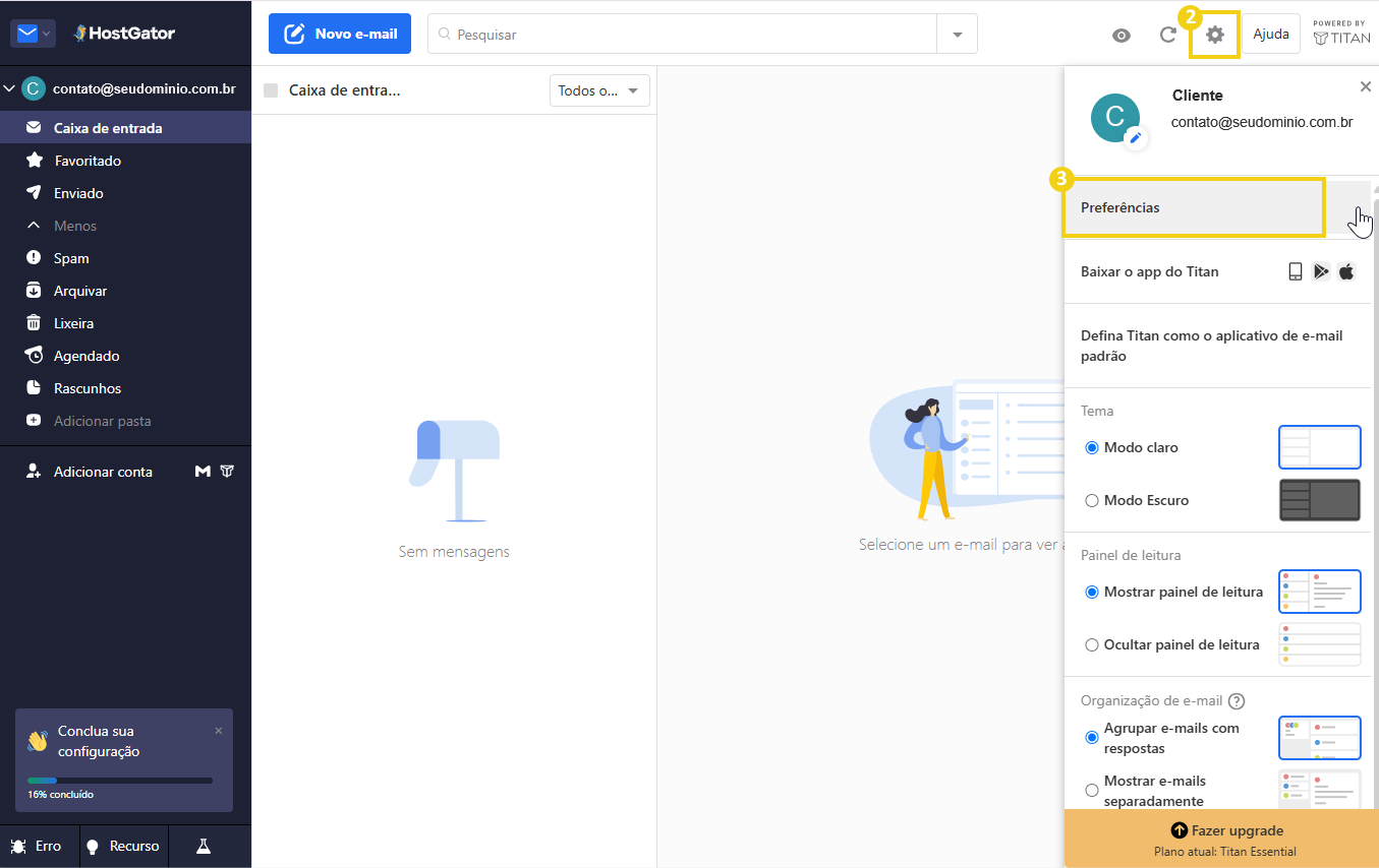 Imagem da plataforma de e-mail HostGator exibindo opções de configuração de preferência de leitura e organização da caixa de entrada.