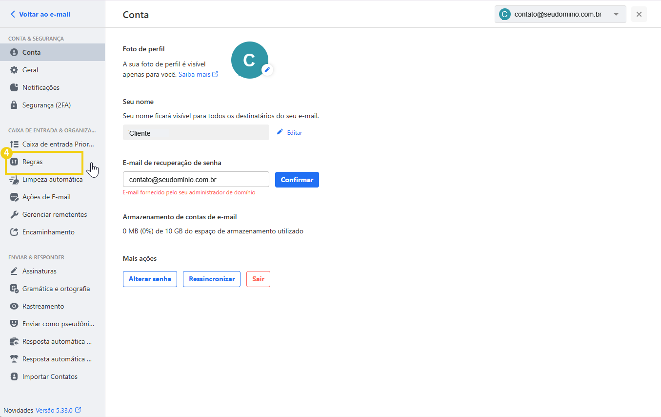 Tela de configurações de conta de email Titan, com foco na opção de configuração de Regras.