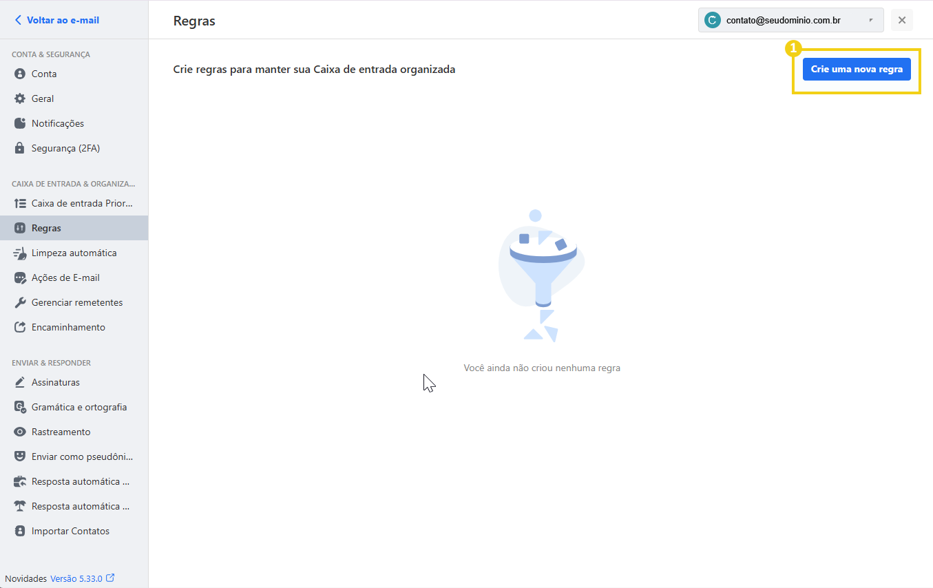 Tela do painel de configurações de regras no e-mail, onde é possível criar regras para manter a caixa de entrada organizada, destacando o botão 'Crie uma nova regra'.