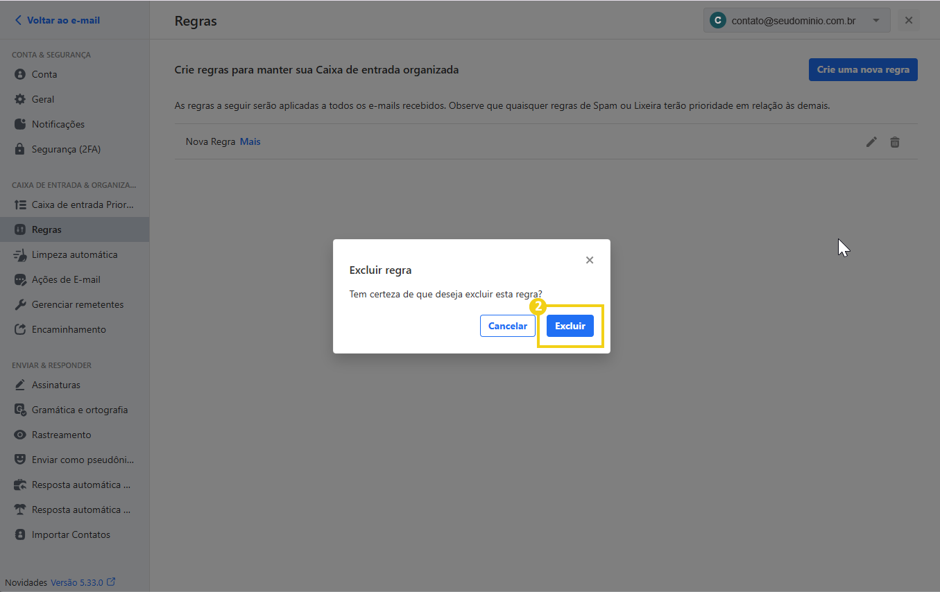 Imagem mostrando a mensagem de confirmação de exclusão da regra de email.