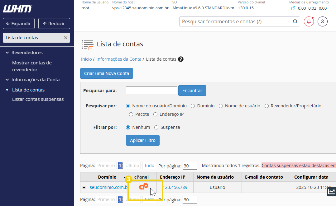  Imagem mostra tela de gerenciamento do WHM com destaque ao botão em laranja “cP”