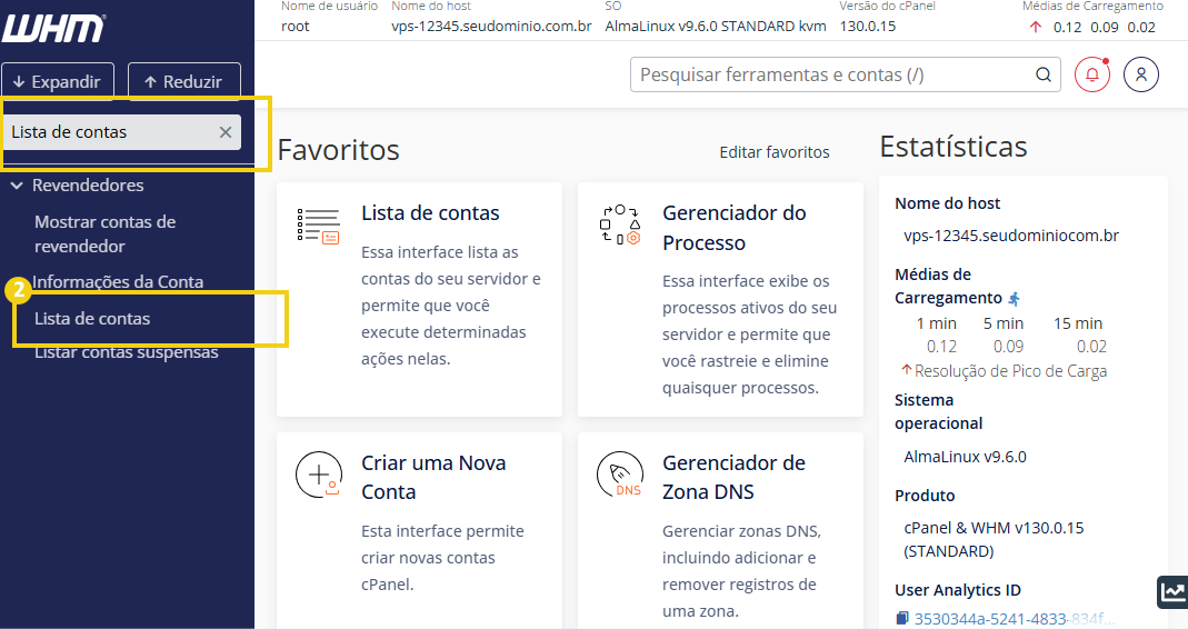Imagem do painel de controle WHM, destacando o campo lateral de busca com a opção “Lista de Contas” destacada.