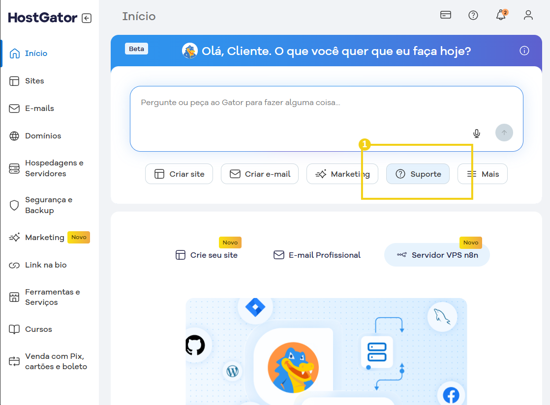 Tela do painel de controle do HostGator mostrando opções de suporte na caixa de dialogo que tem como titulo Ola, o que você quer que eu faça hoje?