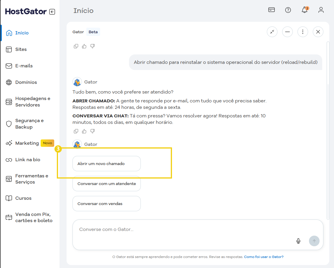 Interface do sistema de atendimento ao cliente do HostGator mostrando opções de iniciar um chamado para reestabelecer o sistema operacional do servidor.