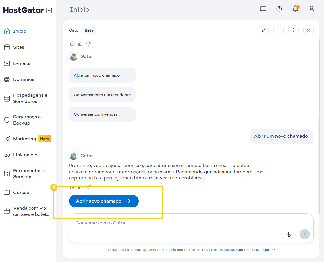 Imagem de uma tela de suporte da HostGator com instruções para reativar o servidor após recuperação