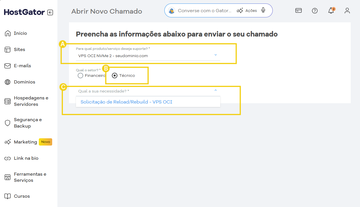 Formulário para solicitar reload ou rebuild de VPS OCI na plataforma HostGator, com opções para produto, setor e necessidade.