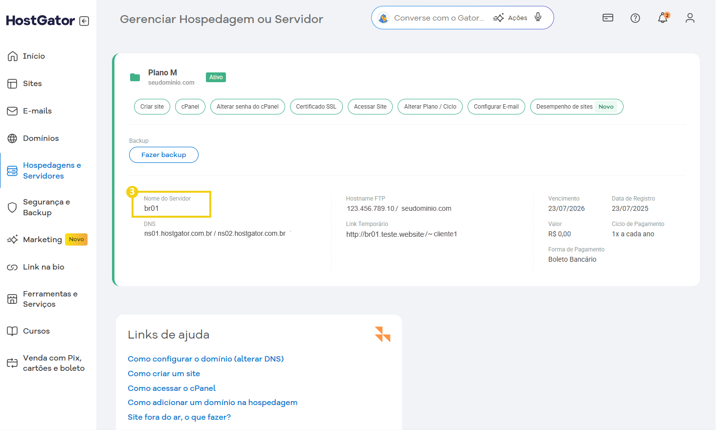 Imagem do Portal do Cliente da HostGator, na aba de Gerenciar Hospedagem ou Servidor, destacando a localização da informação do Nome do Servidor