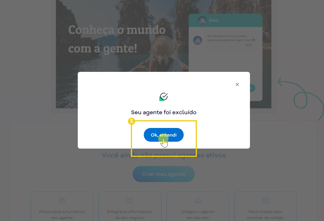 Imagem mostra o Portal do Cliente e tela com a confirmar a exclusão do agente de IA, para isso a marcação no botão "Ok, entendi"