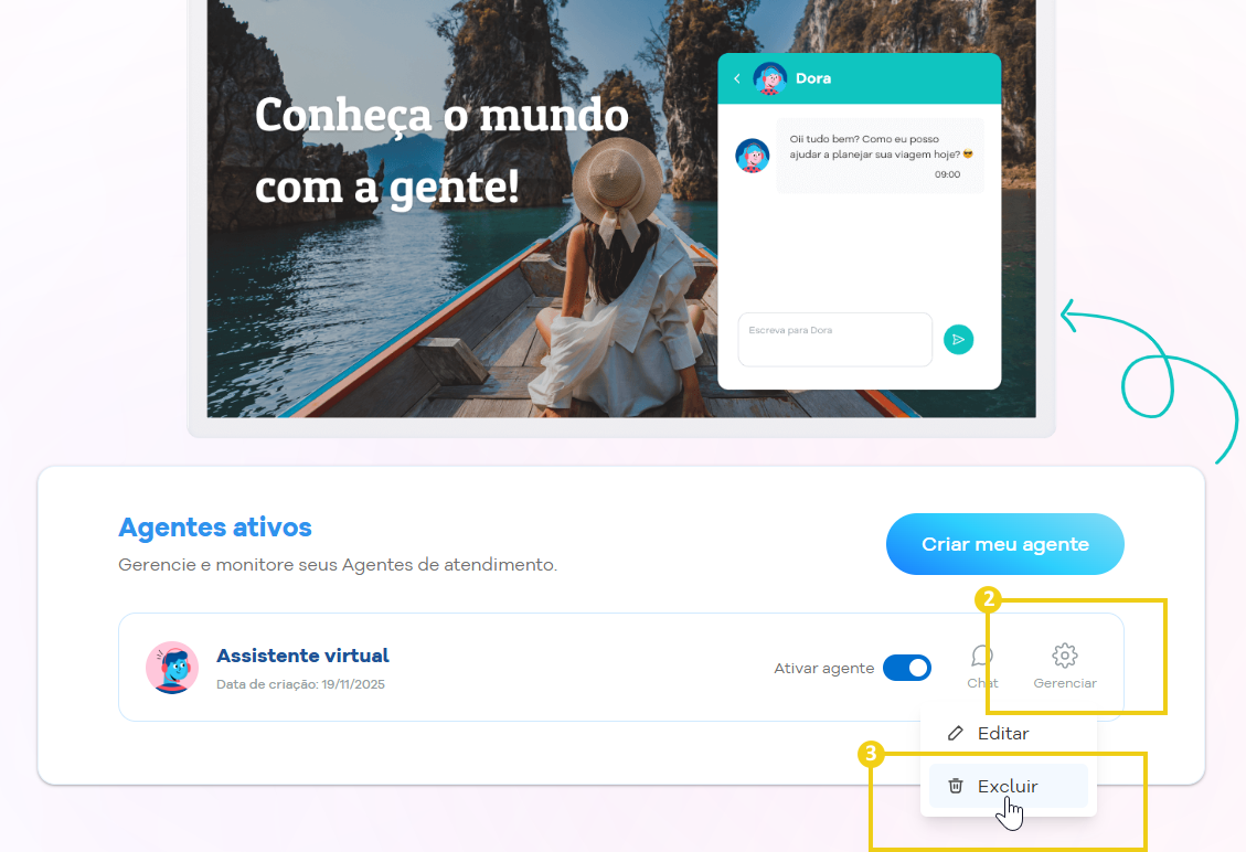 Imagem mostra o Portal do Cliente e a marcação no botão "Gerenciar", que em seguida é exibido o botão "Excluir"