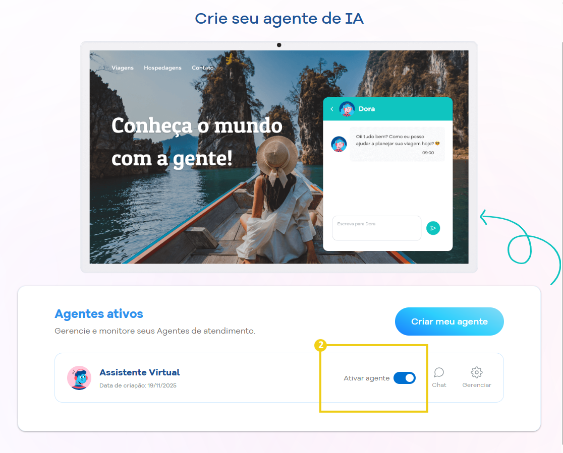 Imagem mostra a área de gerenciamento dos agentes de IA, com a opção para ativar e desativar