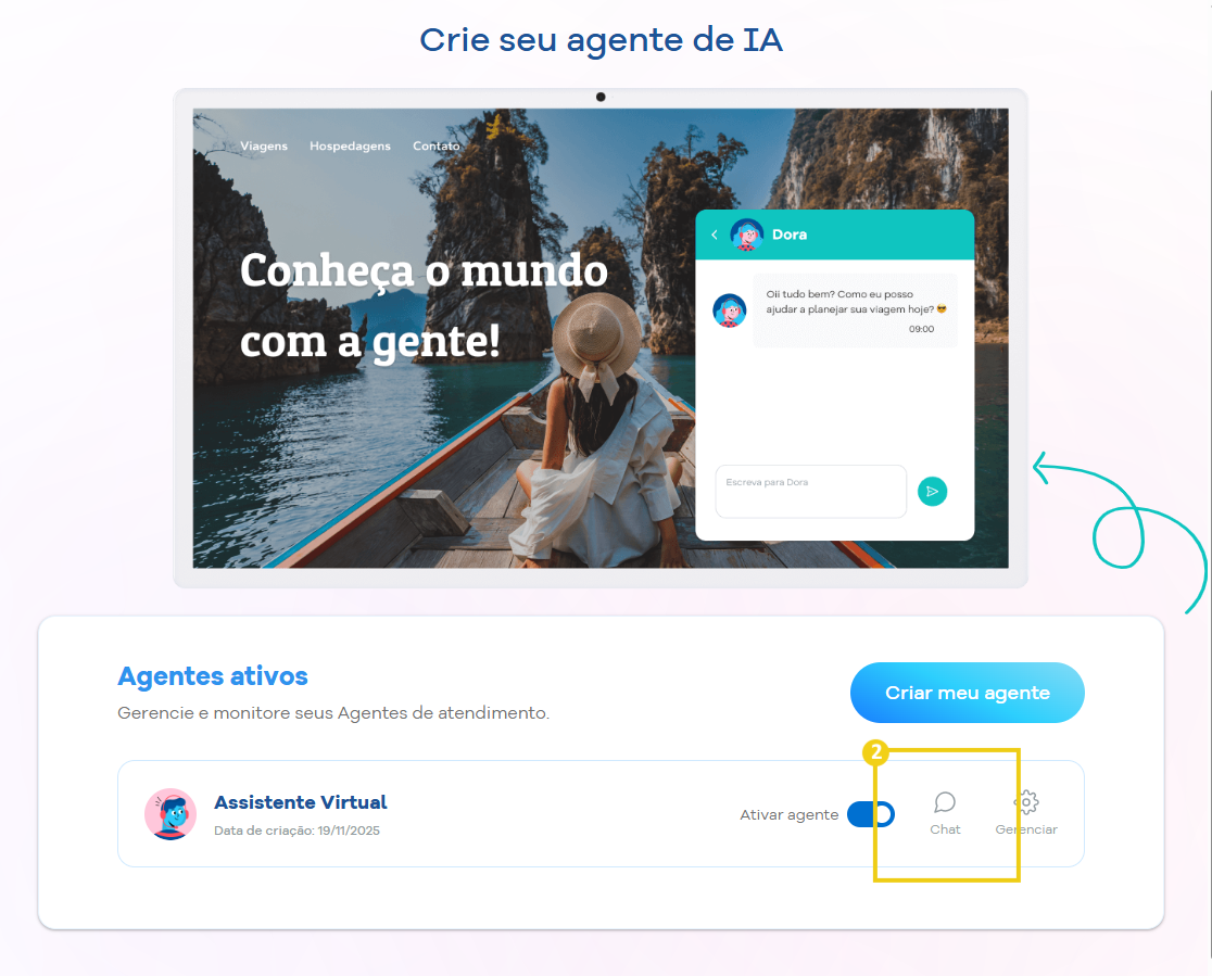 Imagem mostra a área dos agentes de IA e a marcação em "Chat" para acessar as conversas