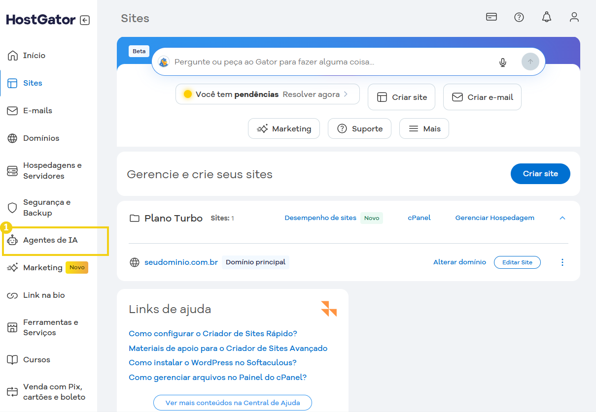 Imagem mostra Portal do Cliente HostGator, destacando no menu lateral a opção “Agentes de IA”