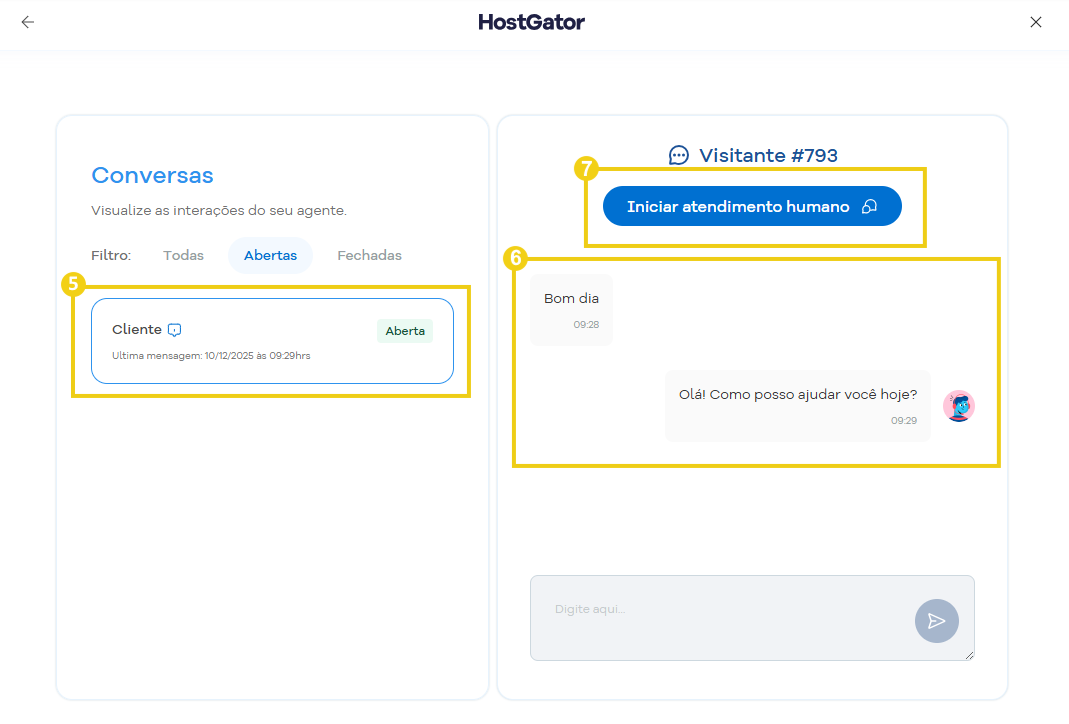 Imagem mostra em destaque uma conversa, que para ver o conteúdo dela, é necessário clicar sobre ela e caso deseje assumir um atendimento, deve clicar em "Iniciar atendimento humano"