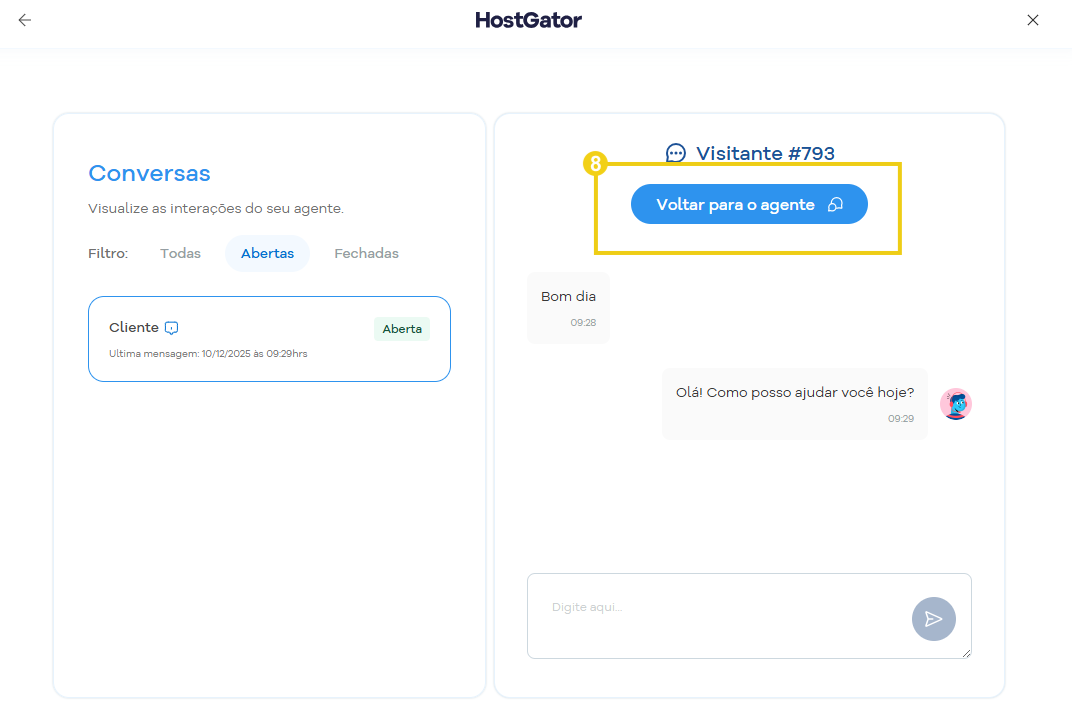Imagem mostra em destaque o botão "Voltar para o agente" e assim finalizar o atendimento humano