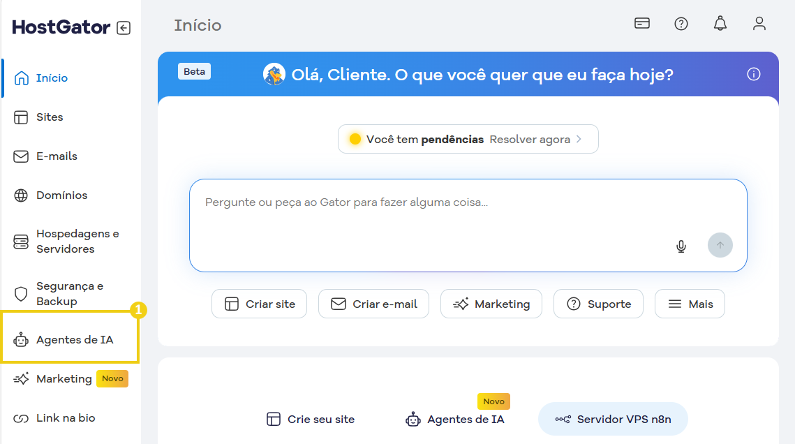 Imagem mostra o Portal do Cliente com a tela inicial e a marcação na opção "Agentes de IA"