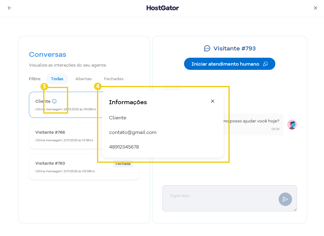 Imagem mostra que ao lado do nome do cliente, ao clicar sobre o ícone, uma janela se abre com as informações coletadas como nome, e-mail e telefone
