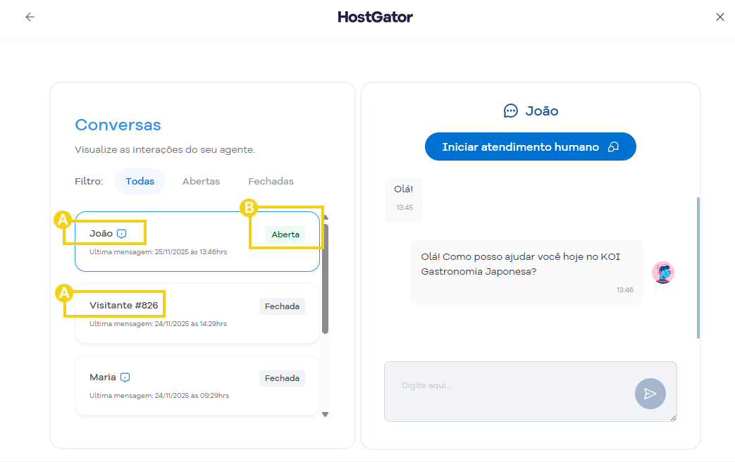  Imagem da tela de gerenciamento de chat do Agente de IA destacando informações disponíveis como nome e status 