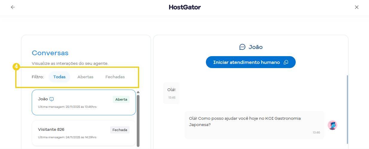 Imagem mostra área de filtro do chat do agente de IA, com as opções "Todas, abertas e fechadas"