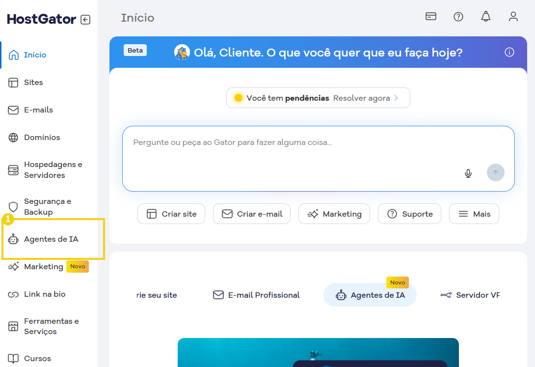Tela de início do painel do HostGator mostrando opções como criar site, criar e-mail, marketing, suporte, agentes de IA e configurações.
