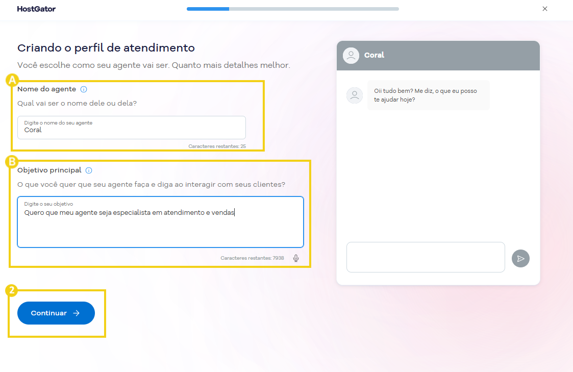Imagem da primeira etapa de criação do Agente de IA, destacando os campos "Nome do agente" e "Objetivo".