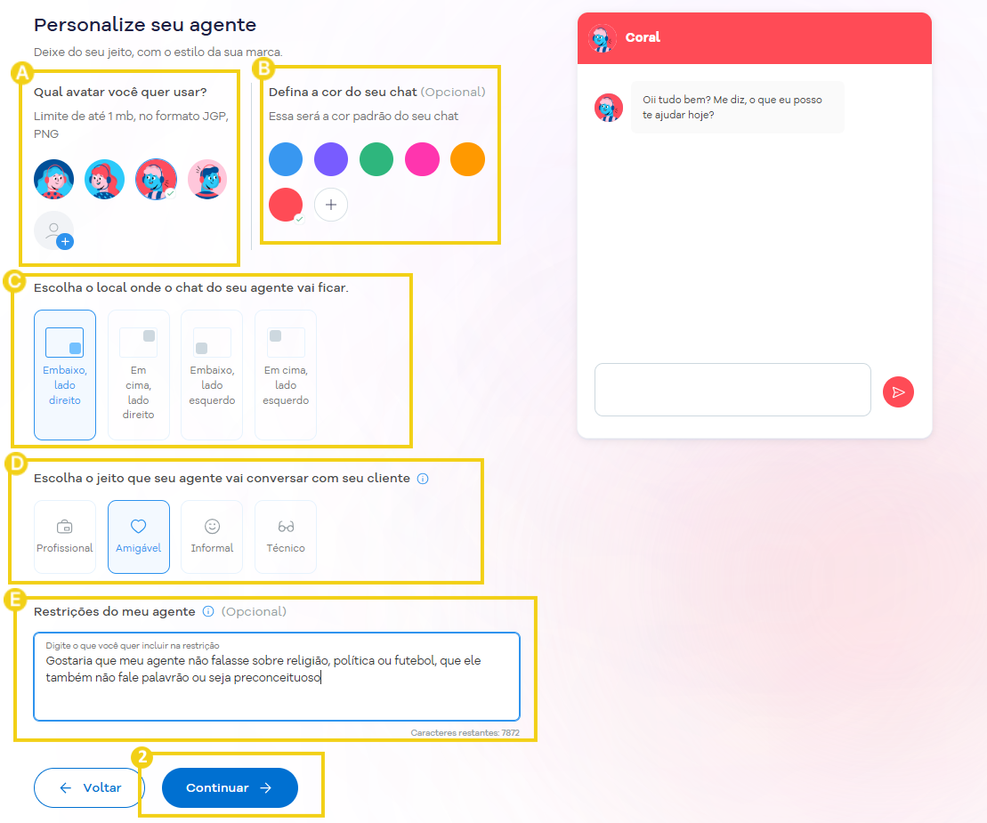 Imagem da etapa de personalização, mostrando as opções de avatar, cor, tom de voz, posicionamento e restrições.