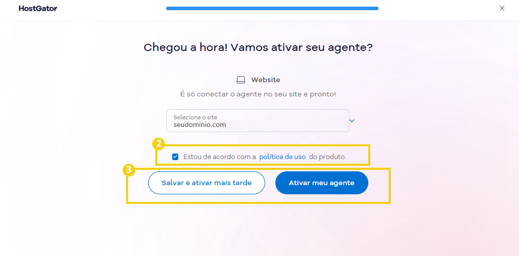 Imagem da etapa de ativação, com o resumo das configurações e os botões "Salvar e ativar" e "Salvar e ativar mais tarde".