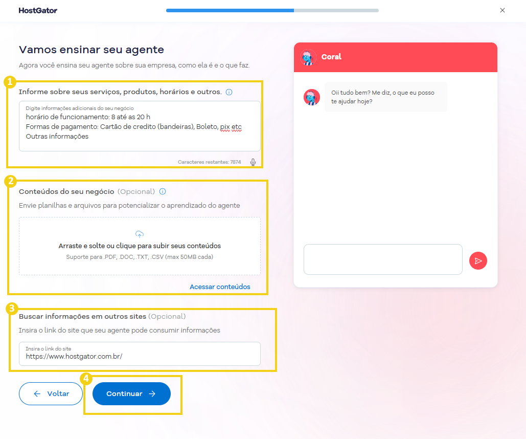 Imagem da etapa de aprendizagem, com as opções de fornecer conhecimento por texto, URL ou upload de arquivos