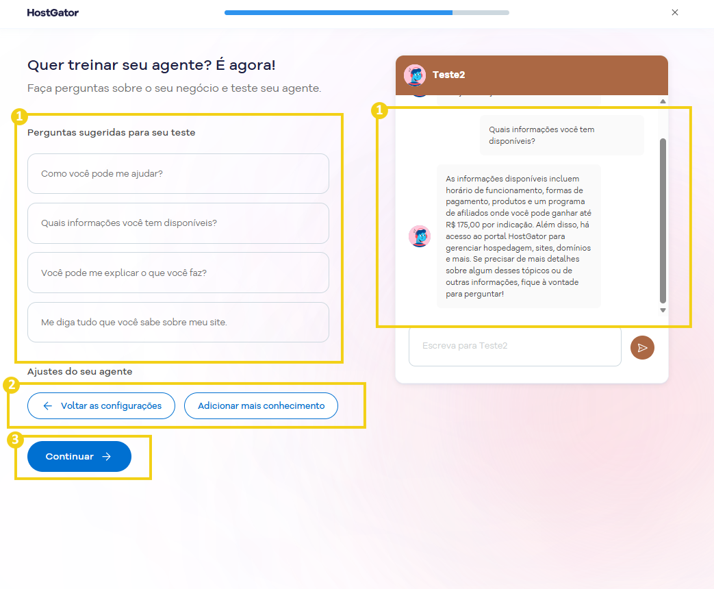 Imagem da tela de treinamento, mostrando uma interface de chat para testar as respostas do agente.