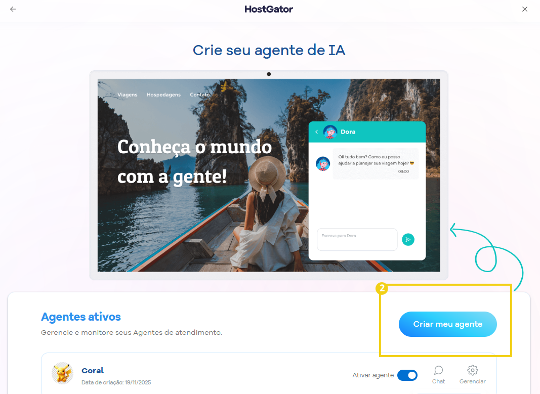  Menu de contexto aberto sobre o agente destacando a opção criar meu agente