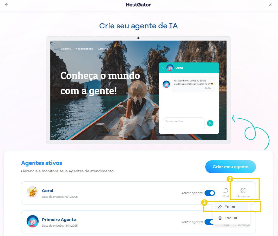 Menu de contexto aberto sobre o agente destacando a opção 'Editar' para gerenciar o agente de IA