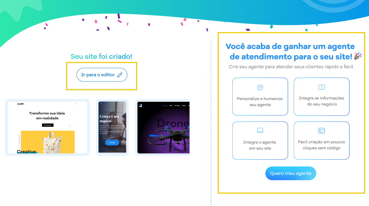 Imagem mostra a fluxo final da criação de sites com a opção para ir ao editor e criar o agente de IA