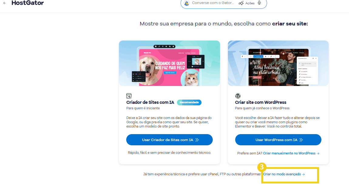 Tela de criação de site com WordPress e IA na plataforma HostGator, destacando facilidade, rapidez e ferramentas avançadas para criar seu site