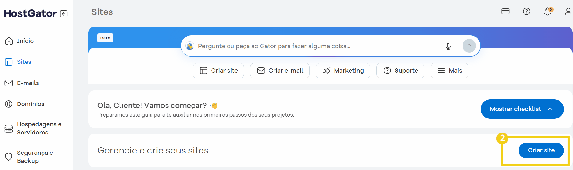 Captura de tela de página de criação de sites com HostGator, destaque para opções como WordPress e criador de sites, facilitando a criação de sites com IA