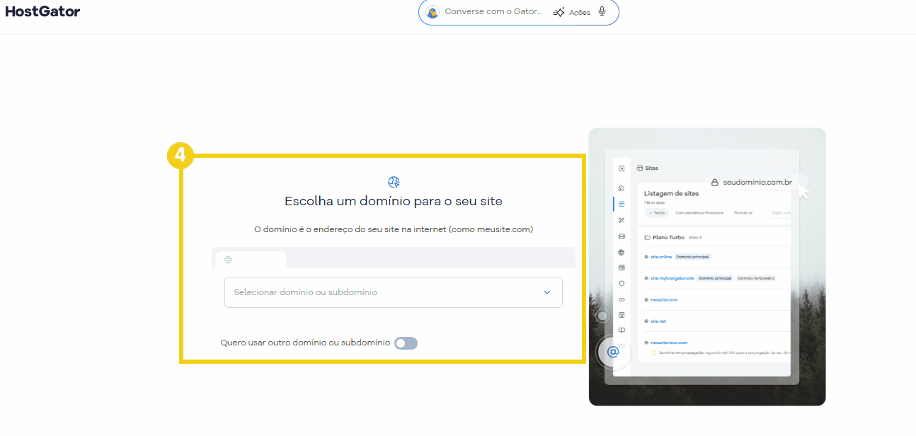 Tela do HostGator para cadastro de domínio para site, mostrando opções para escolher e registrar um domínio ou subdomínio na plataforma de hospedagem