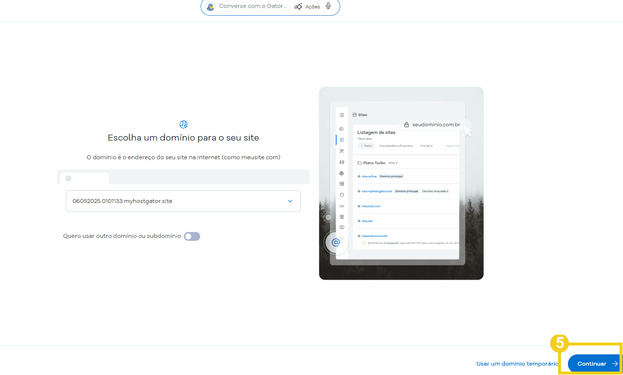 Imagem mostrando o processo de escolha de domínio para um site na plataforma HostGator, com opções de domínio e submenu de configurações