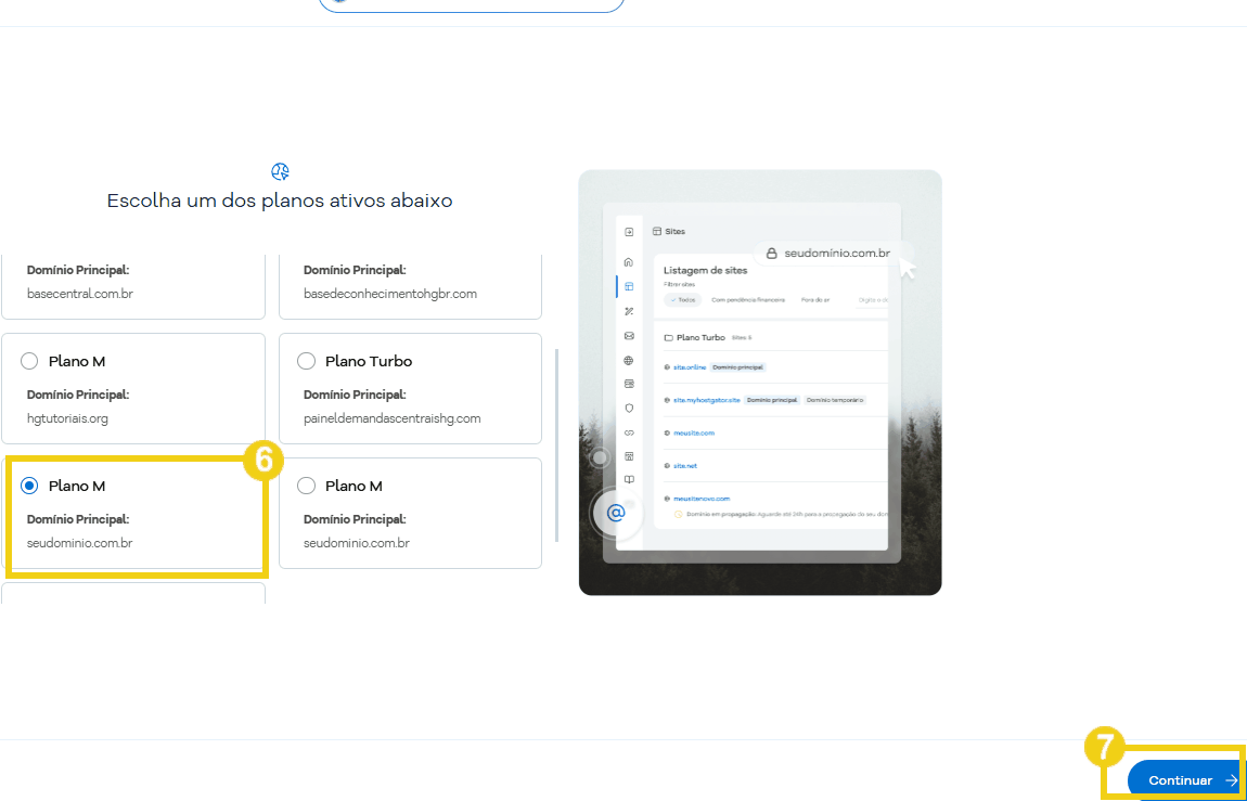 Imagem de uma tela mostrando opções de planos de hospedagem, incluindo planos M e P, com detalhes de domínios principais, junto de um painel ao lado, em ambiente digital
