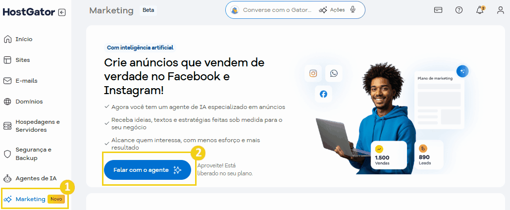 Tela botão marketing e falar com o agente