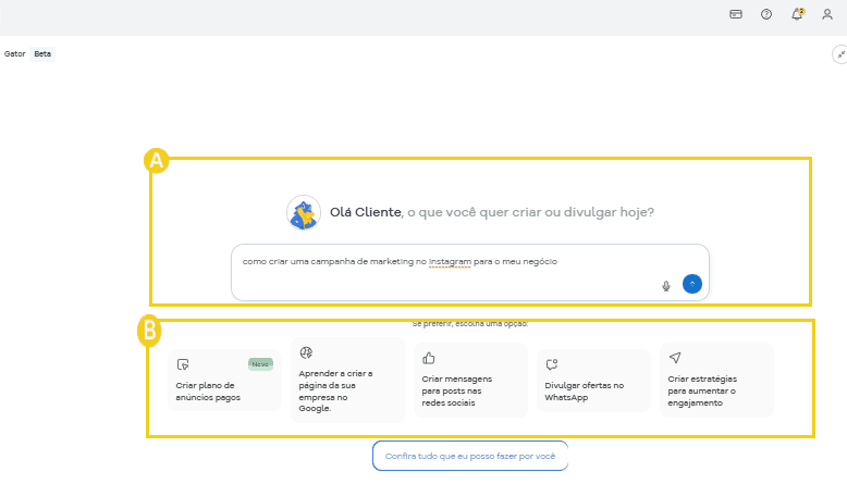 Tela de marketing digital no HostGator mostrando opções para criar campanhas no Instagram, postar no WhatsApp, divulgar ofertas e criar artigos para blog
