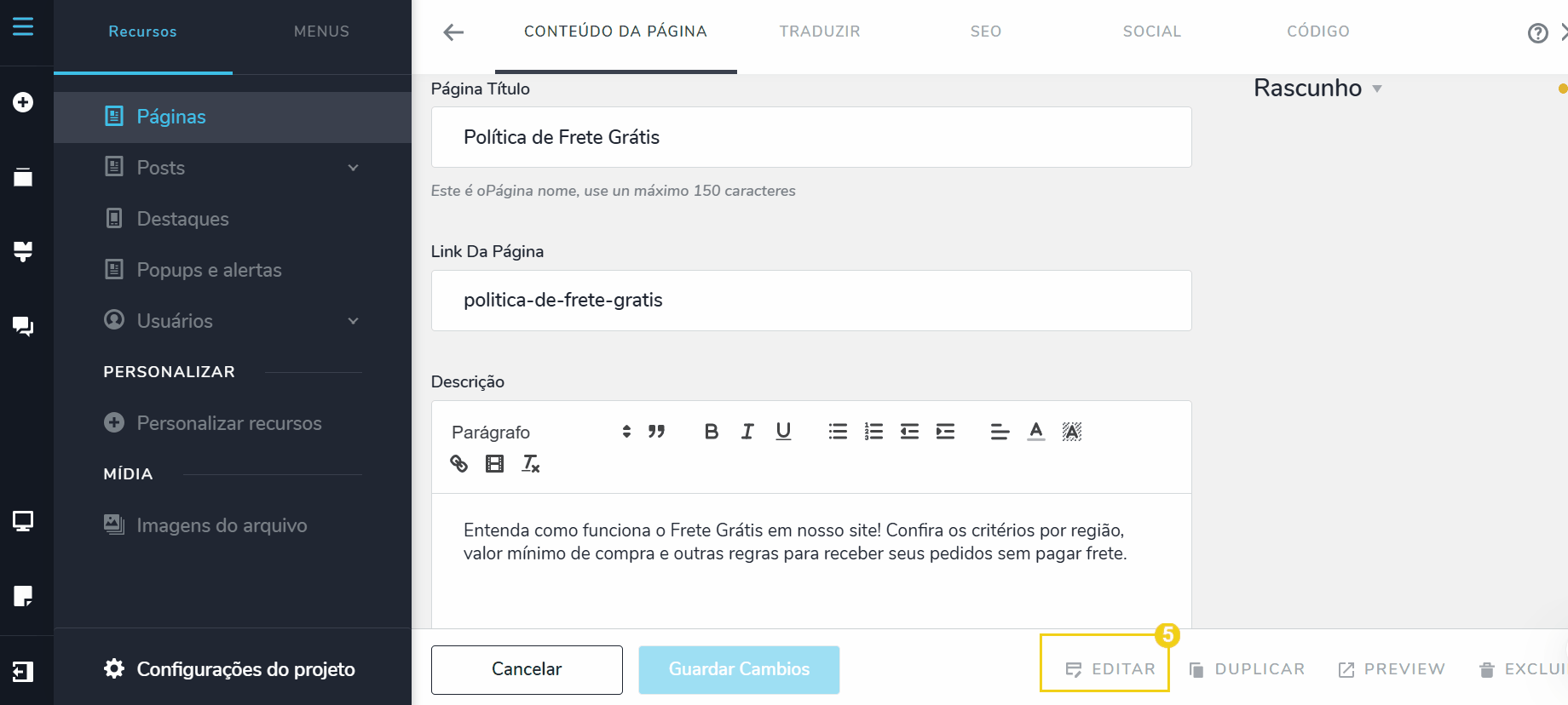 Imagem mostra ainda mostra a tela para criar a nova página, agora para personalizar, deve-se clicar em "Editar"