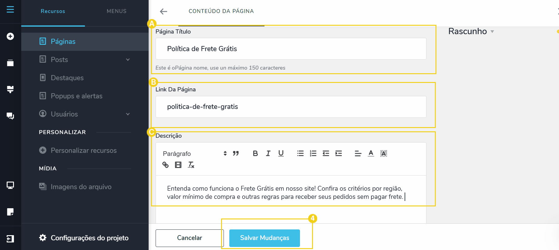 Imagem mostra os campos preenchidos da nova página e a marcação no botão "Salvar Alterações"