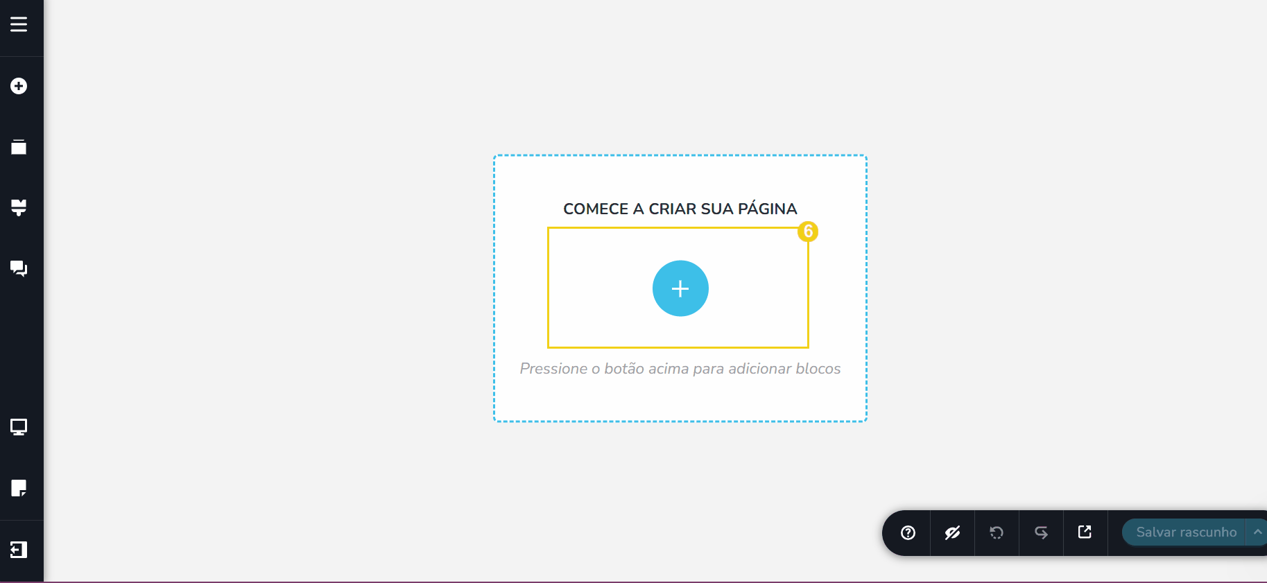 Tela de criação de página ou site com opção de adicionAR blocos e configurar um projeto digital