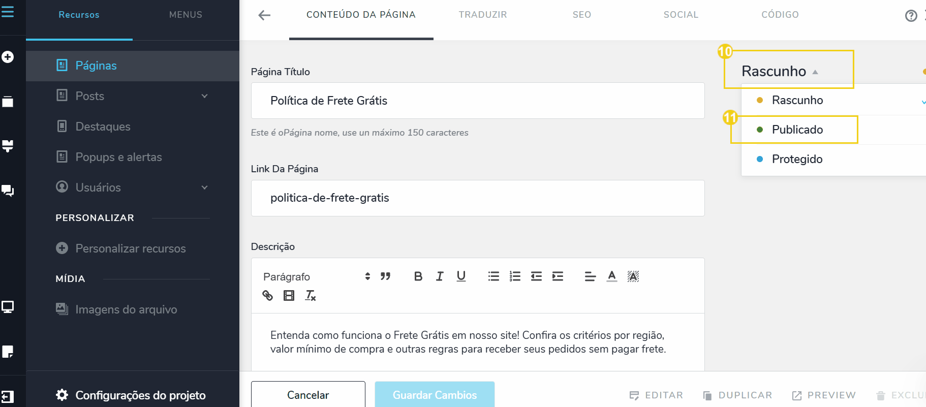 Imagem mostra a tela da página, com a marcação no botão "Rascunho" e em "Publicado"