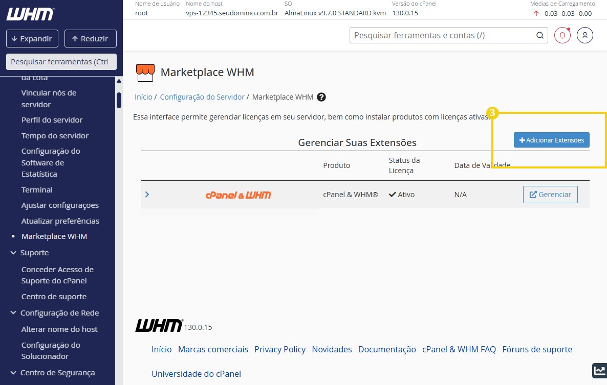Imagem mostra a tela do WHM, na configuração do "Marketplace WHM e adicionar extensões