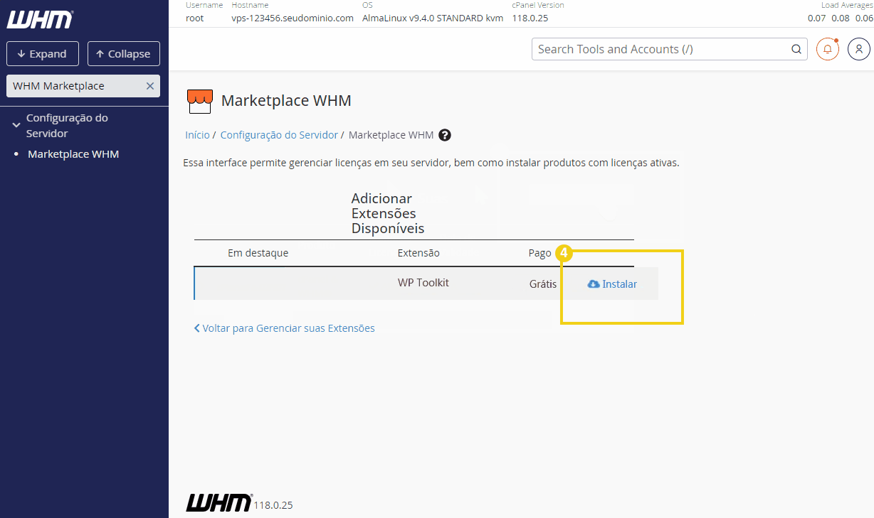 Interface de gerenciamento de licenças no painel WHM, destacando a opção de gerenciar extensões de serviço, como cPanel e WHM, em um servidor dedicado.