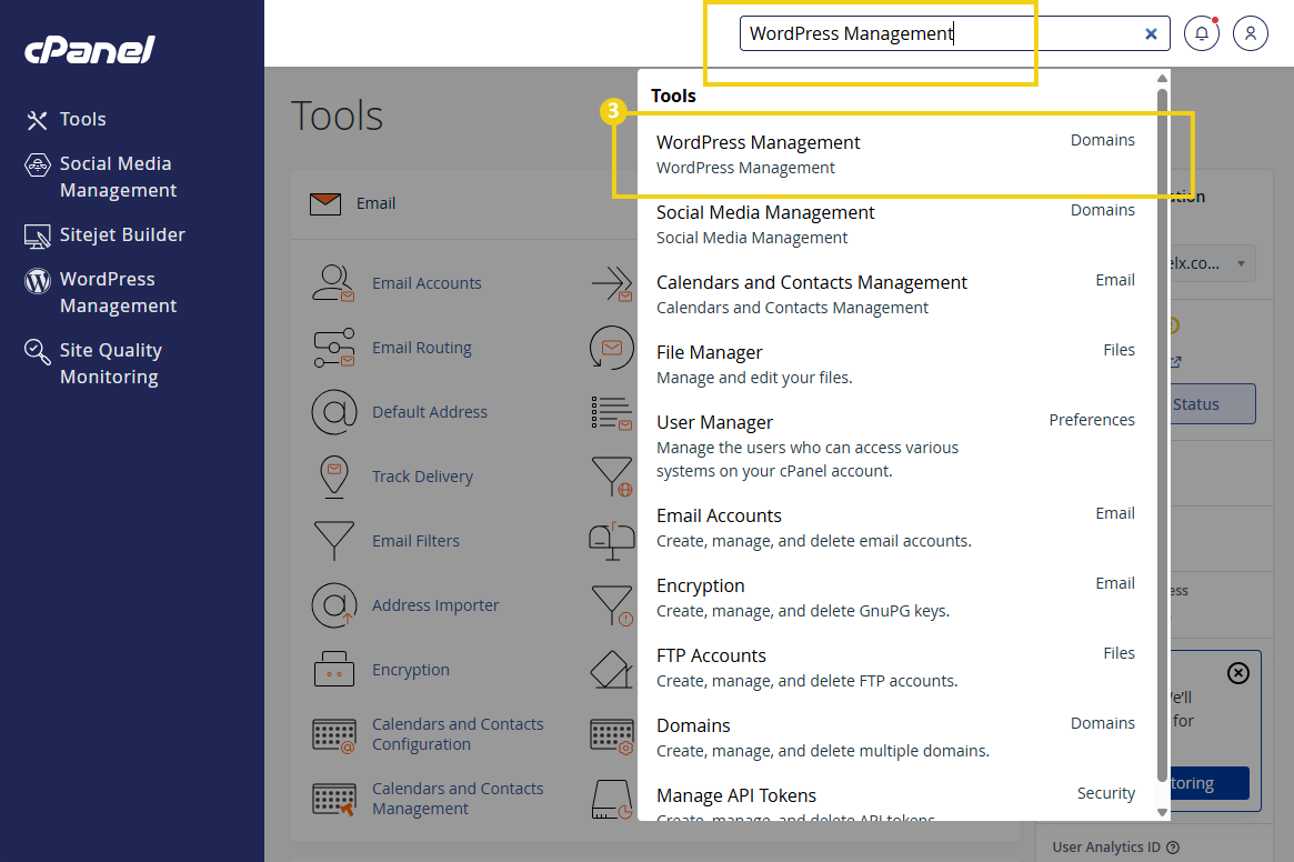 Tela do painel de controle do cPanel com opções de ferramentas para gerenciamento de sites, incluindo SiteJet Builder, Site Quality Monitoring e WP Toolkit.