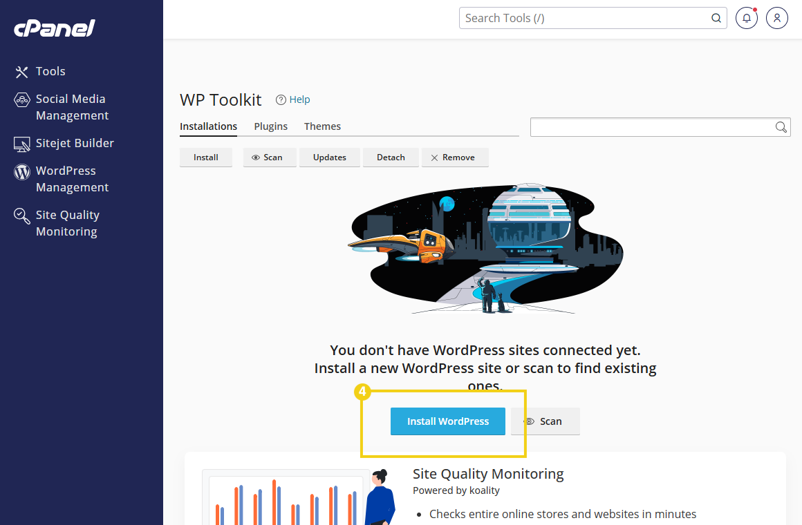 Imagem de tela de instalação do WordPress Toolkit com opções de plugins e atualizações disponíveis, voltada para usuários que desejam gerenciar sites WordPress de forma eficiente e rápida.