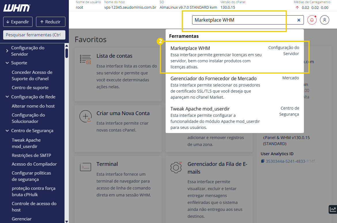 Imagem de uma interface do WHM mostrando opções de gerenciamento de contas, servidores e ferramentas de administração de servidores web.